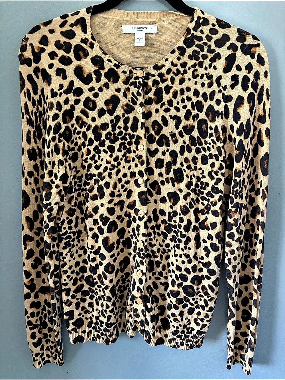 Liz Claiborne Leopard Print Crew Neck Cardigan Petite Large